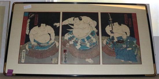 Japanese woodblock triptych of Sumo wrestlers